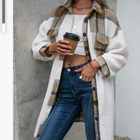 NEW Lapel Button Down Long Plaid Fuzzy Shacket - Picture 2 of 5